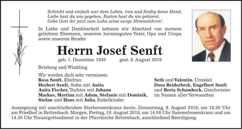 Traueranzeige Josef Senft