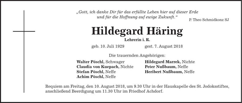 Traueranzeige Hildegard Häring