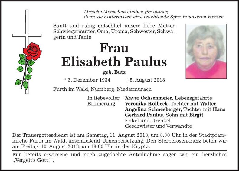Traueranzeige Elisabeth Paulus
