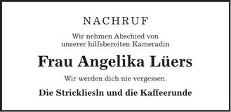 Traueranzeige Angelika Lüers
