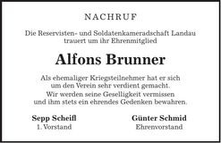 Traueranzeige Alfons Brunner