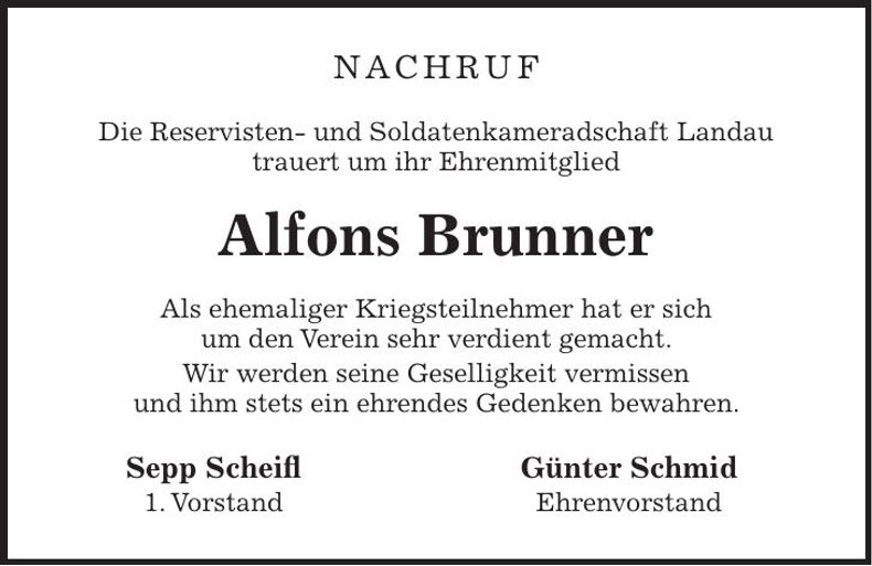 Traueranzeige Alfons Brunner