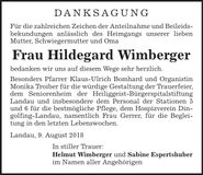 Traueranzeige Hildegard Wimberger