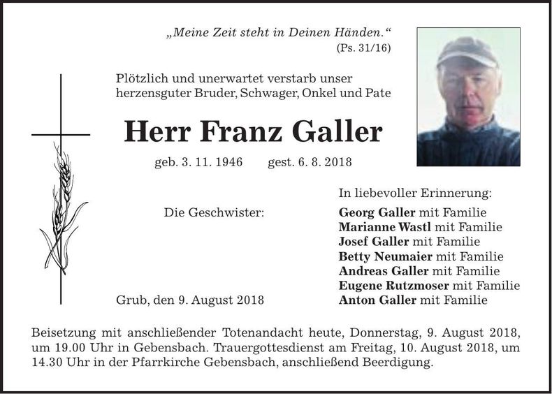Traueranzeige Franz Galler