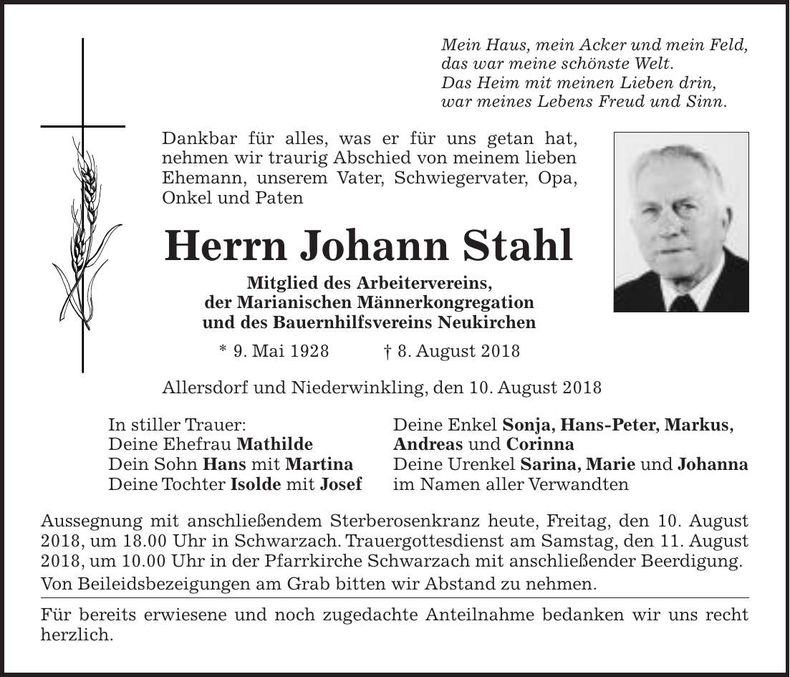 Traueranzeige Johann Stahl