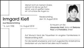 Traueranzeige Irmgard Kiefl
