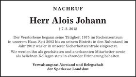 Traueranzeige Alois Johann
