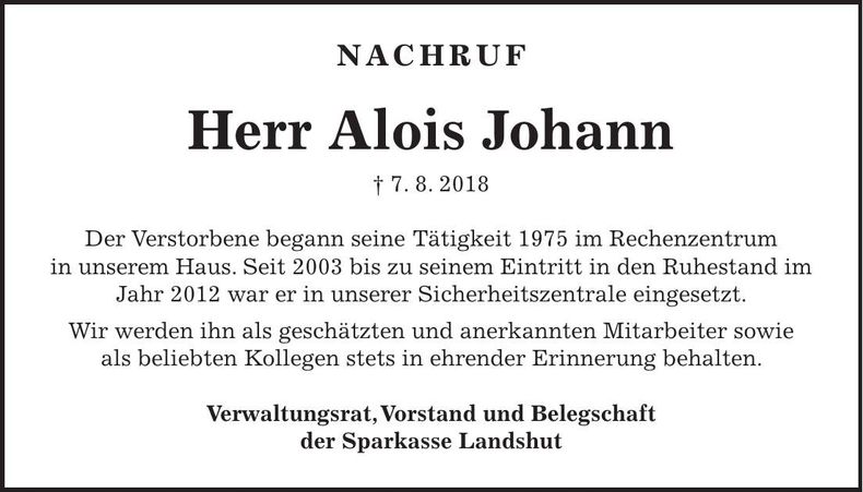 Traueranzeige Alois Johann