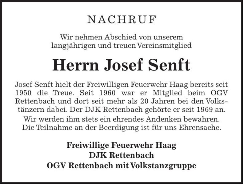Traueranzeige Josef Senft