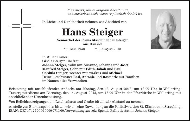 Traueranzeige Hans Steiger