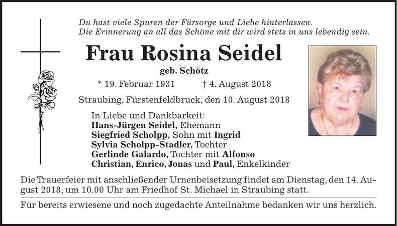 Traueranzeige Rosina Seidel
