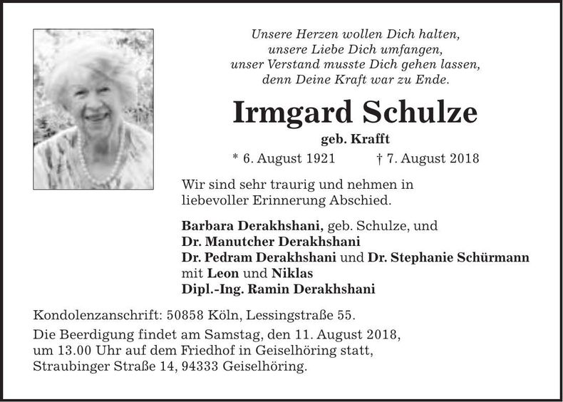 Traueranzeige Irmgard Schulze