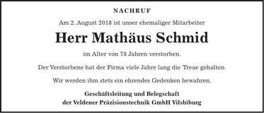 Traueranzeige Mathäus Schmid