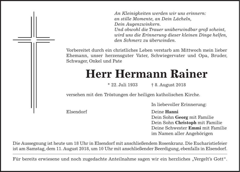 Traueranzeige Hermann Rainer