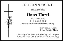 Traueranzeige Hans Hartl