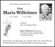 Traueranzeige Maria Willeitner