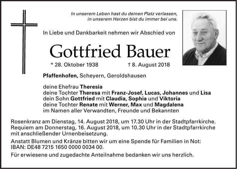 Traueranzeige Gottfried Bauer