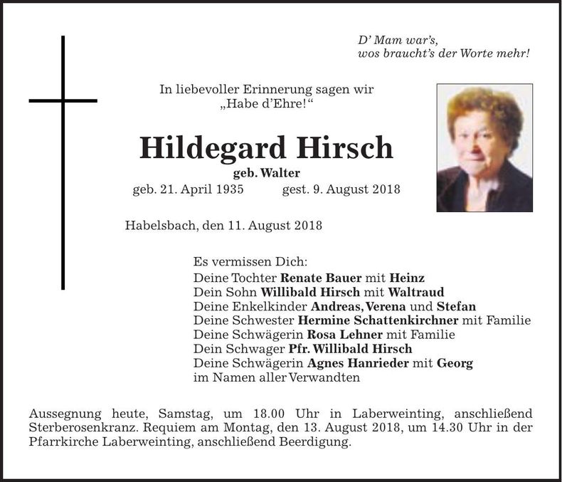 Traueranzeige Hildegard Hirsch