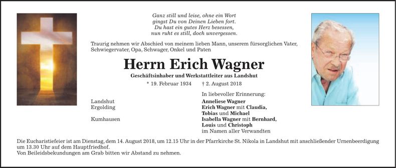 Traueranzeige Erich Wagner