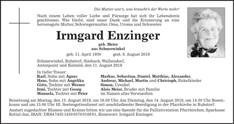 Traueranzeige Irmgard Enzinger