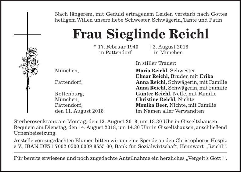 Traueranzeige Sieglinde Reichl