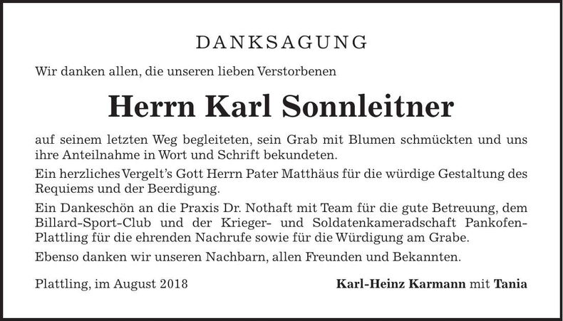 Traueranzeige Karl Sonnleitner