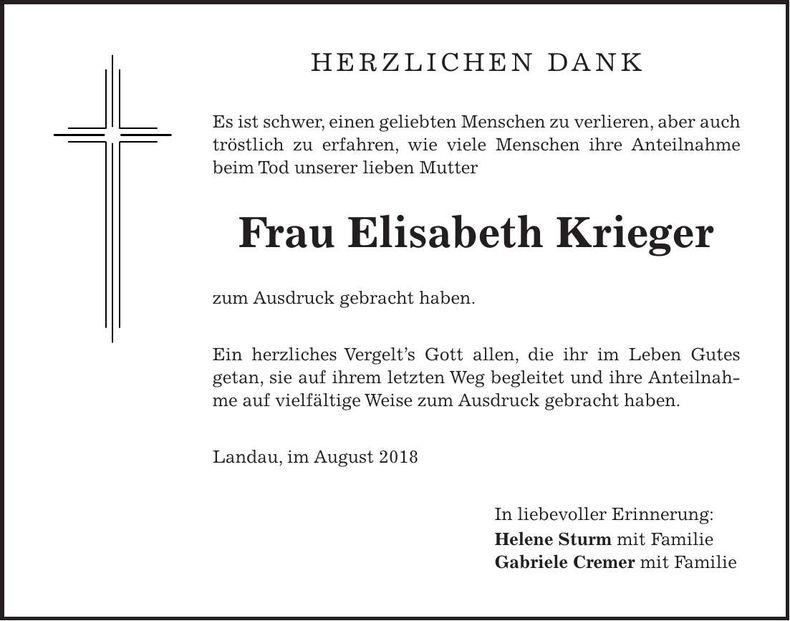 Traueranzeige Elisabeth Krieger