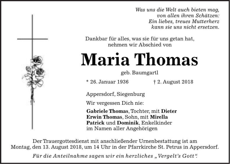 Traueranzeige Maria Thomas
