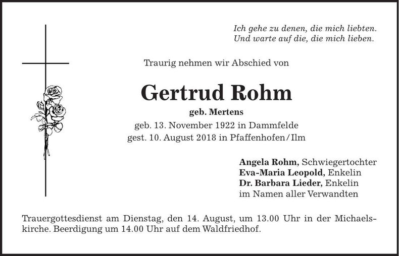 Traueranzeige Gertrud Rohm