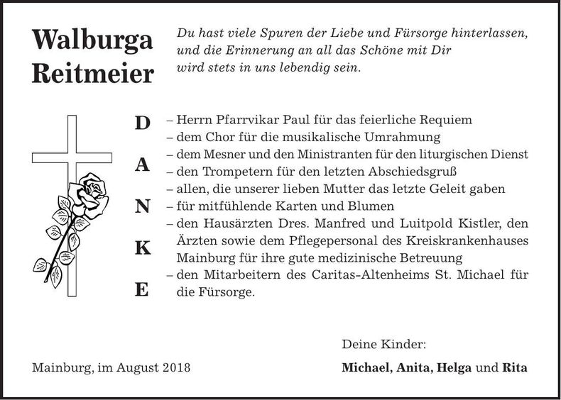 Traueranzeige Walburga Reitmeier