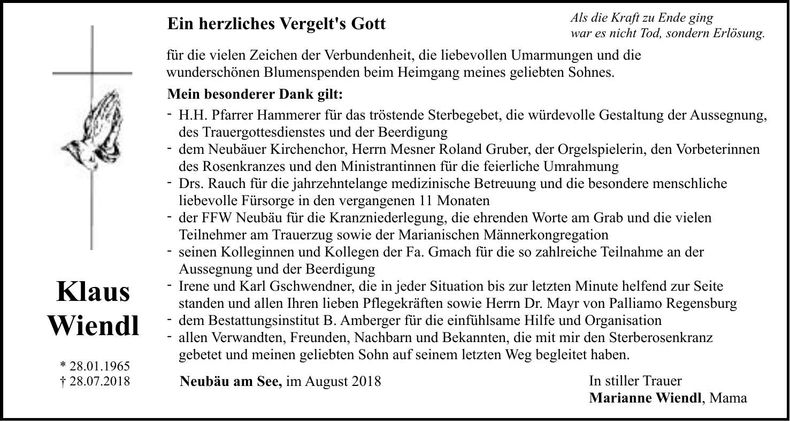 Traueranzeige Klaus Wiendl