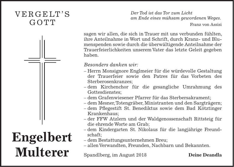 Traueranzeige Engelbert Multerer