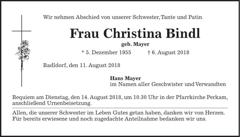 Traueranzeige Christina Bindl