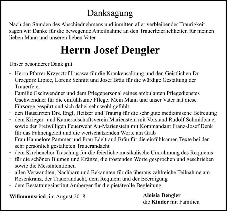 Traueranzeige Josef Dengler