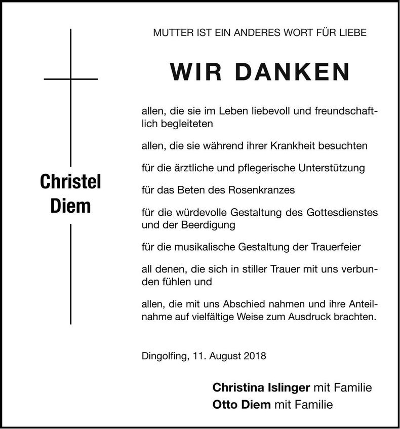 Traueranzeige Christel Diem