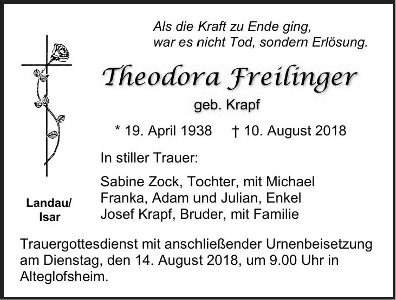 Traueranzeige Theodora Freilinger