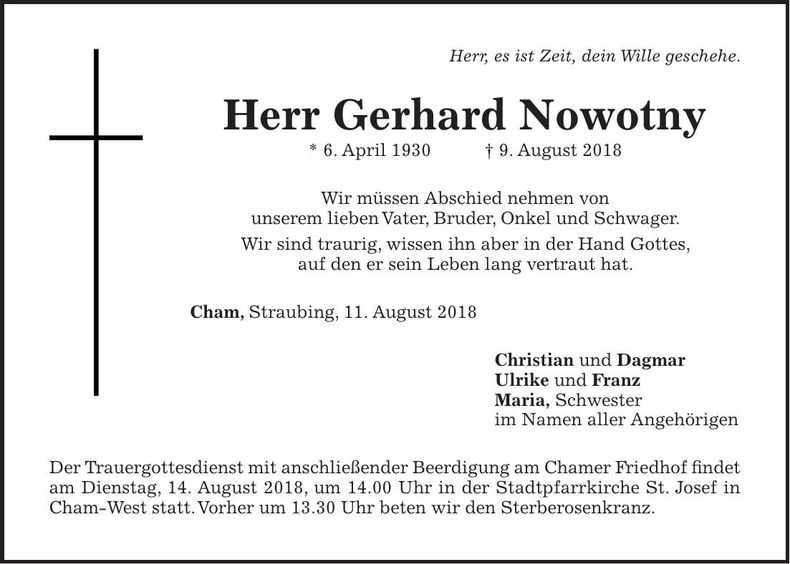 Traueranzeige Gerhard Nowotny