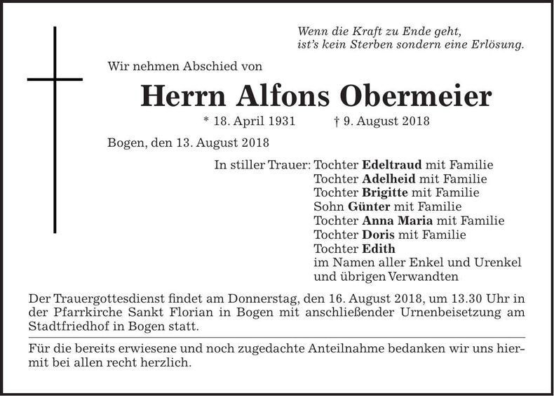 Traueranzeige Alfons Obermeier