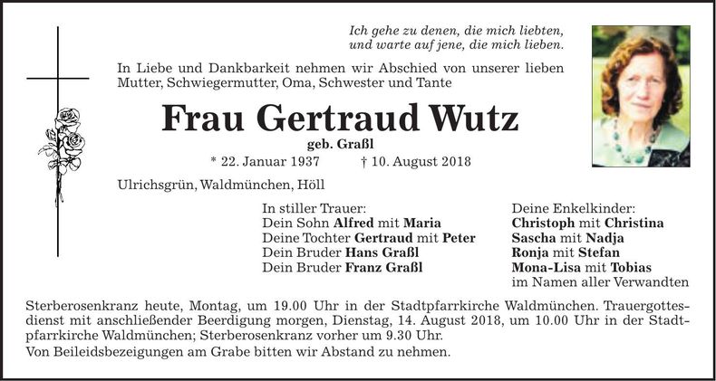 Traueranzeige Gertraud Wutz