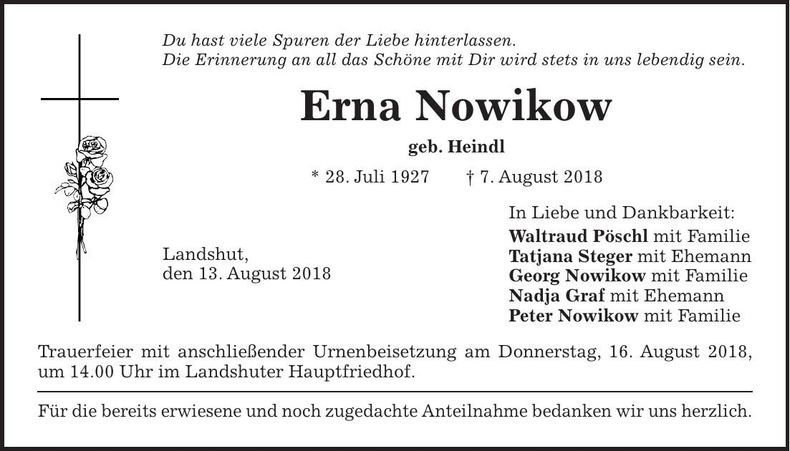 Traueranzeige Erna Nowikow