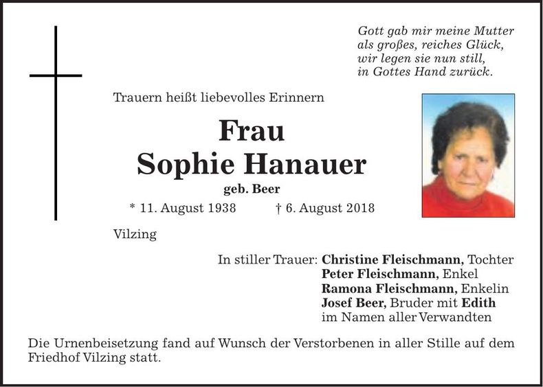 Traueranzeige Sophie Hanauer