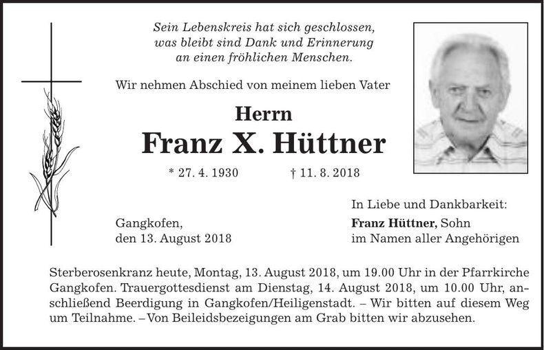 Traueranzeige Franz X. Hüttner