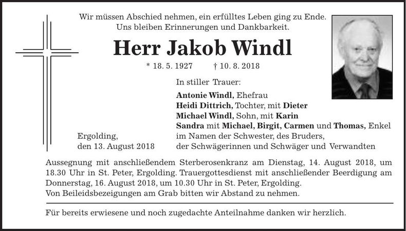 Traueranzeige Jakob Windl