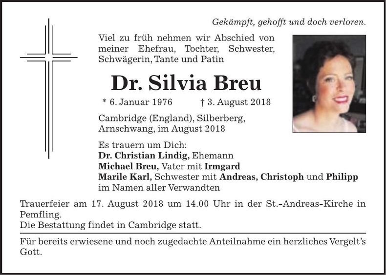 Traueranzeige Silvia Dr. Breu