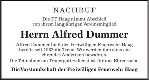 Traueranzeige Alfred Dummer