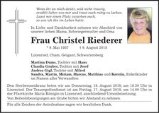 Traueranzeige Christel Riederer