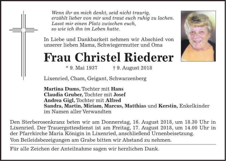 Traueranzeige Christel Riederer