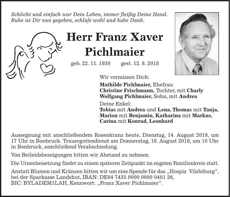 Traueranzeige Franz Xaver Pichlmaier