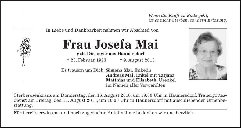 Traueranzeige Josefa Mai