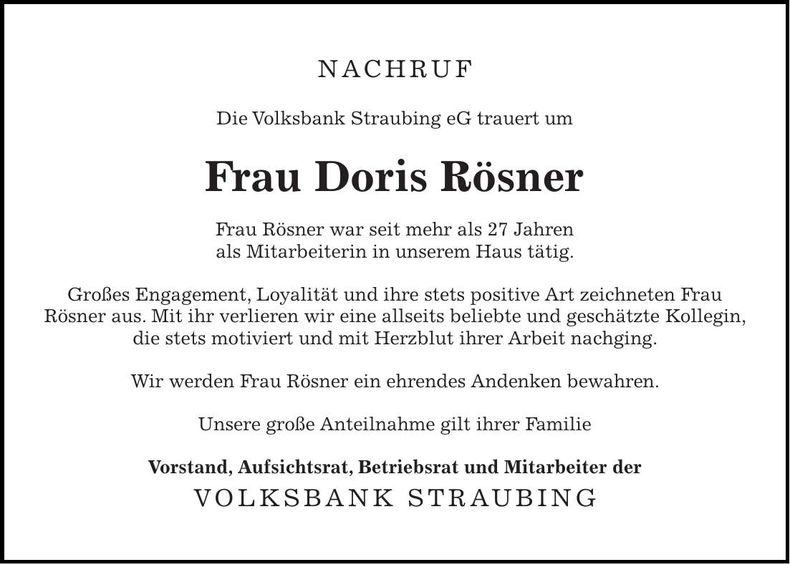 Traueranzeige Doris Rösner